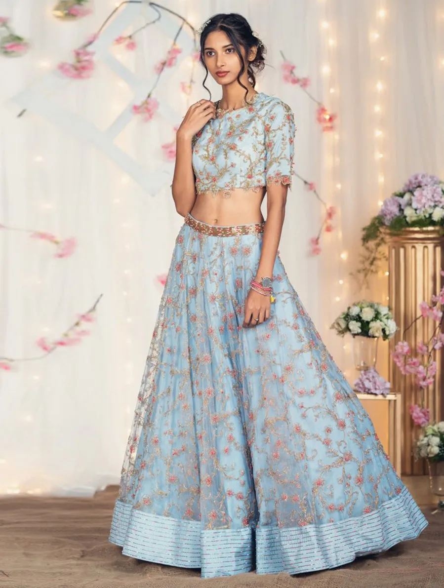 Beautiful Light Blue Color Nylon Net Designer Lehenga Choli