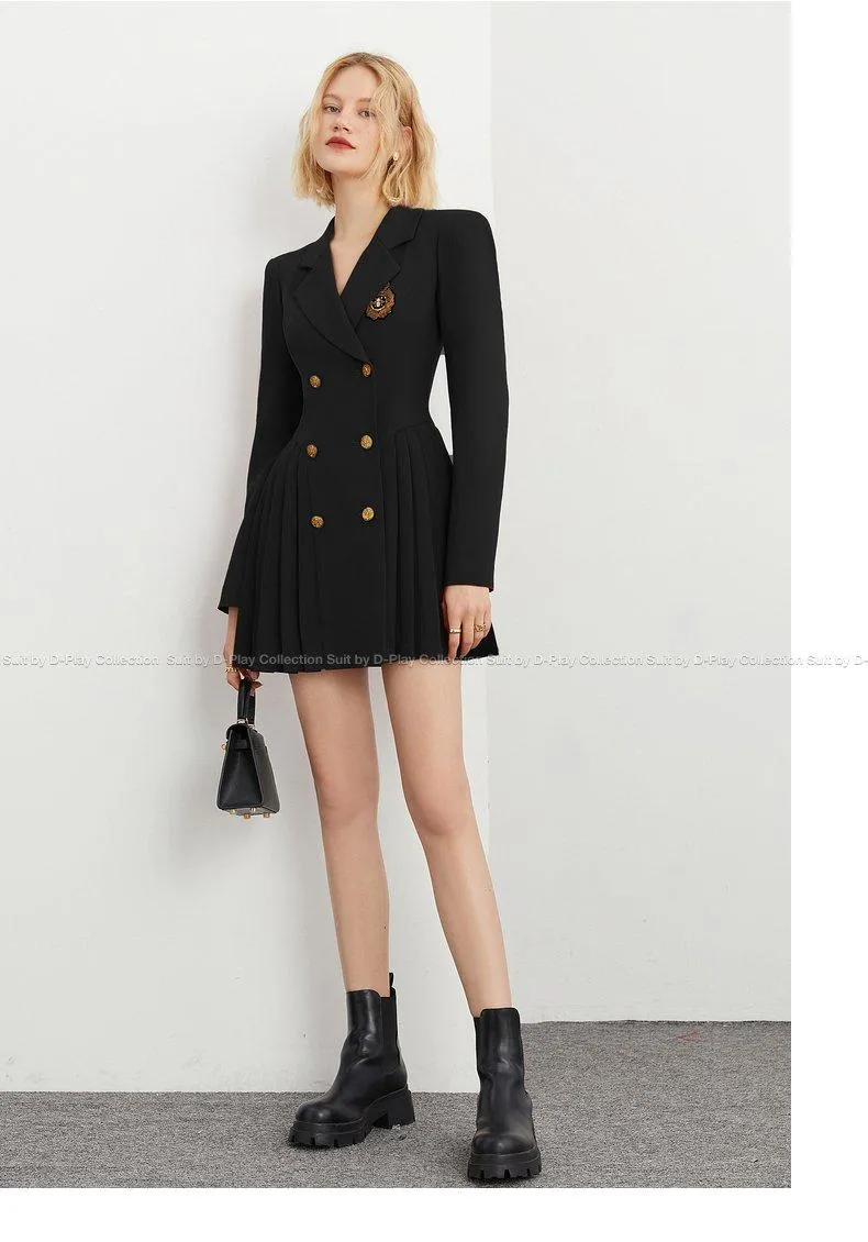 DPLAY Spring  Retro Navy Blue Pleated Wide Shoulder Suit Skirt - Celabi