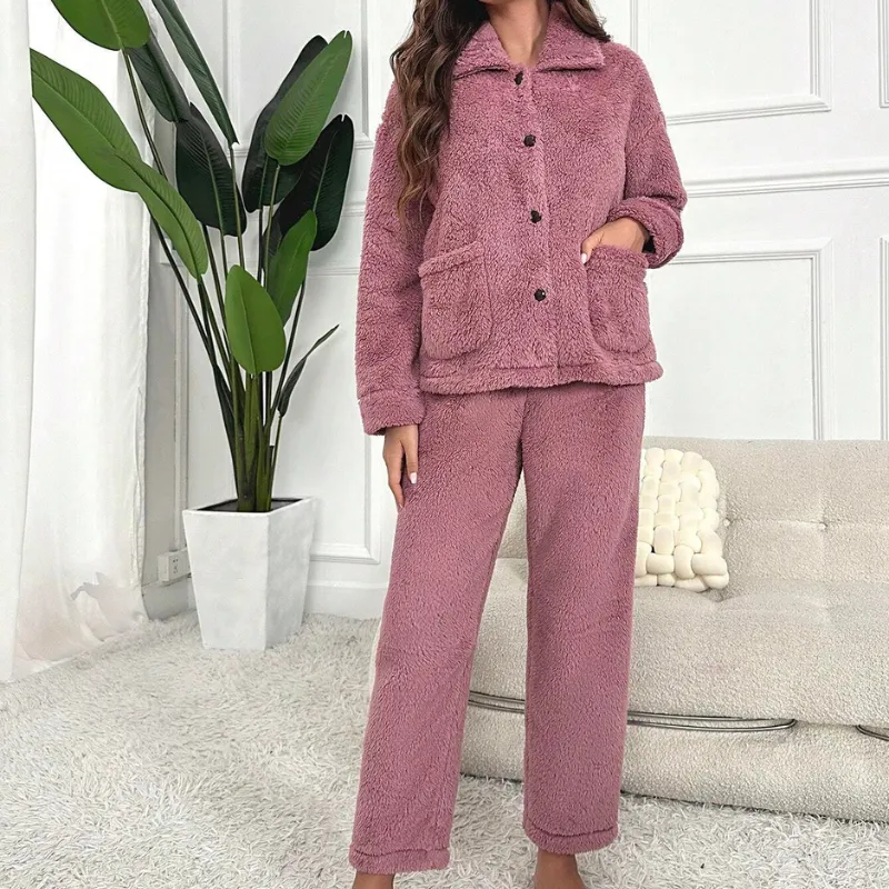 Dual Pocket Flannel Set For Women