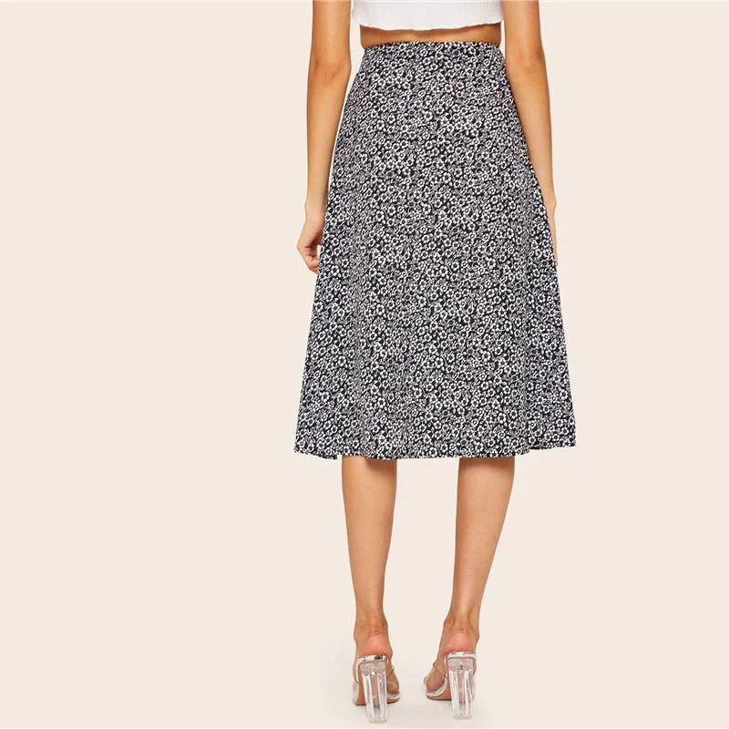 Floral Button Side Split Midi Skirt