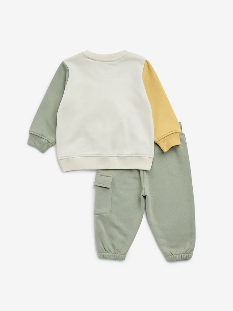 HOP Baby Sage Animal Design Cotton-Blend Sweatshirt with Joggers Set