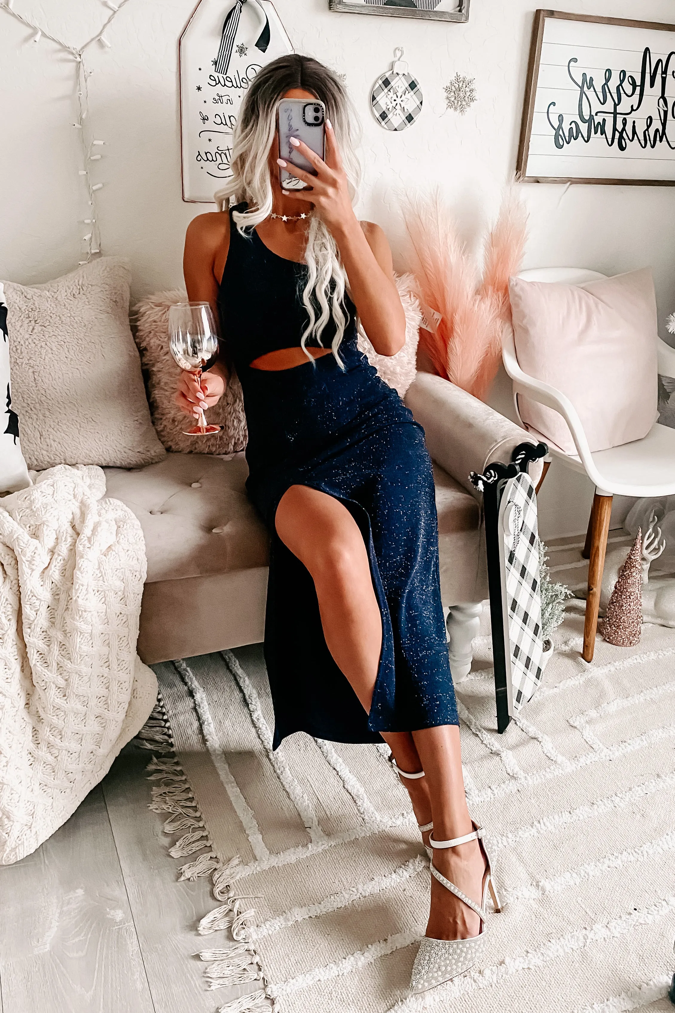 Light Up The Night One Shoulder Cut-Out Midi Dress (Navy)
