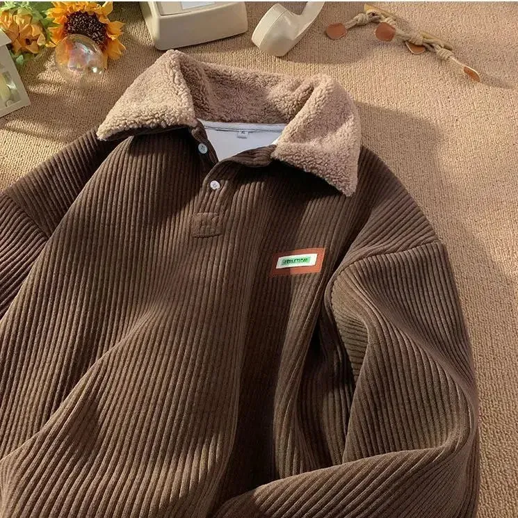 Men's Corduroy Polo Shirt Sweater Women's Autumn Winter Fleece Thick Coat Turndown Collar Buttons Long Sleeves Warm Tops