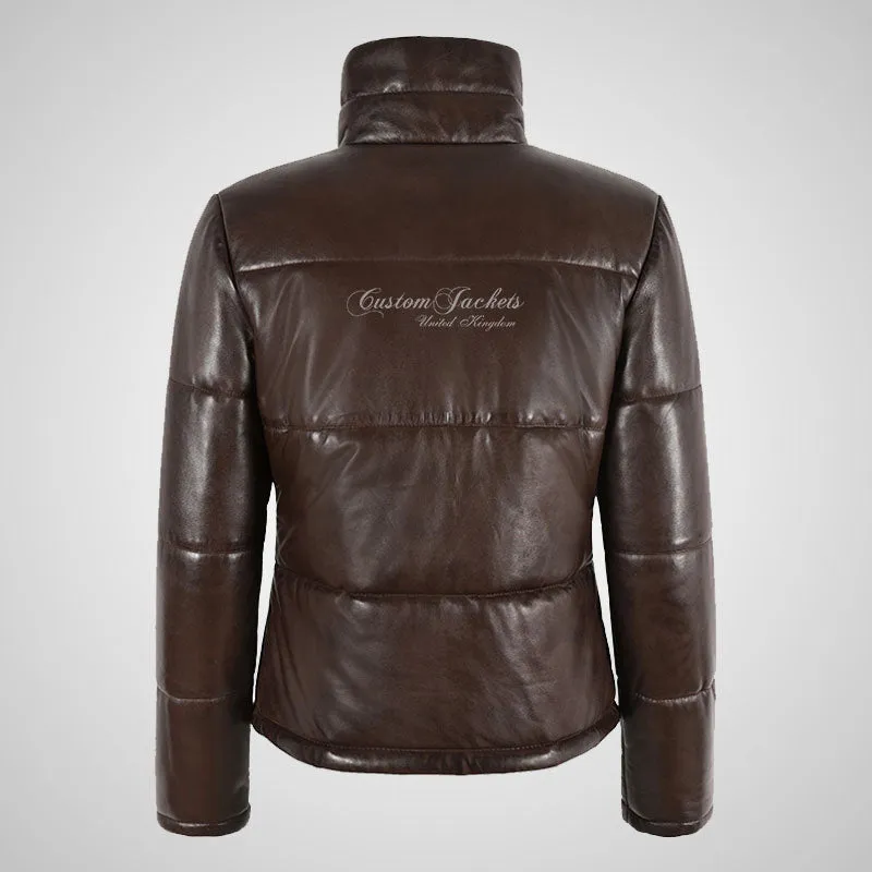 NIS Ladies Padded Puffer Leather Jacket Brown