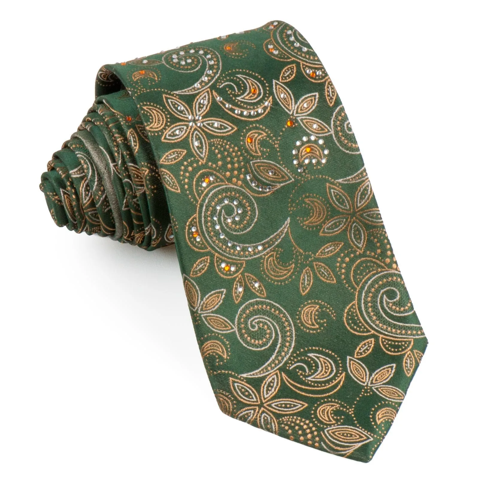 Vito Rufolo Mens Silk Rhinestone Tie Yellow Paisley On Khaki Green Necktie