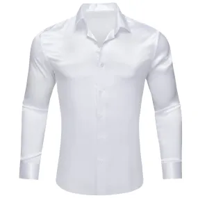 White Satin Solid Silk Men's Long Sleeve Shirt