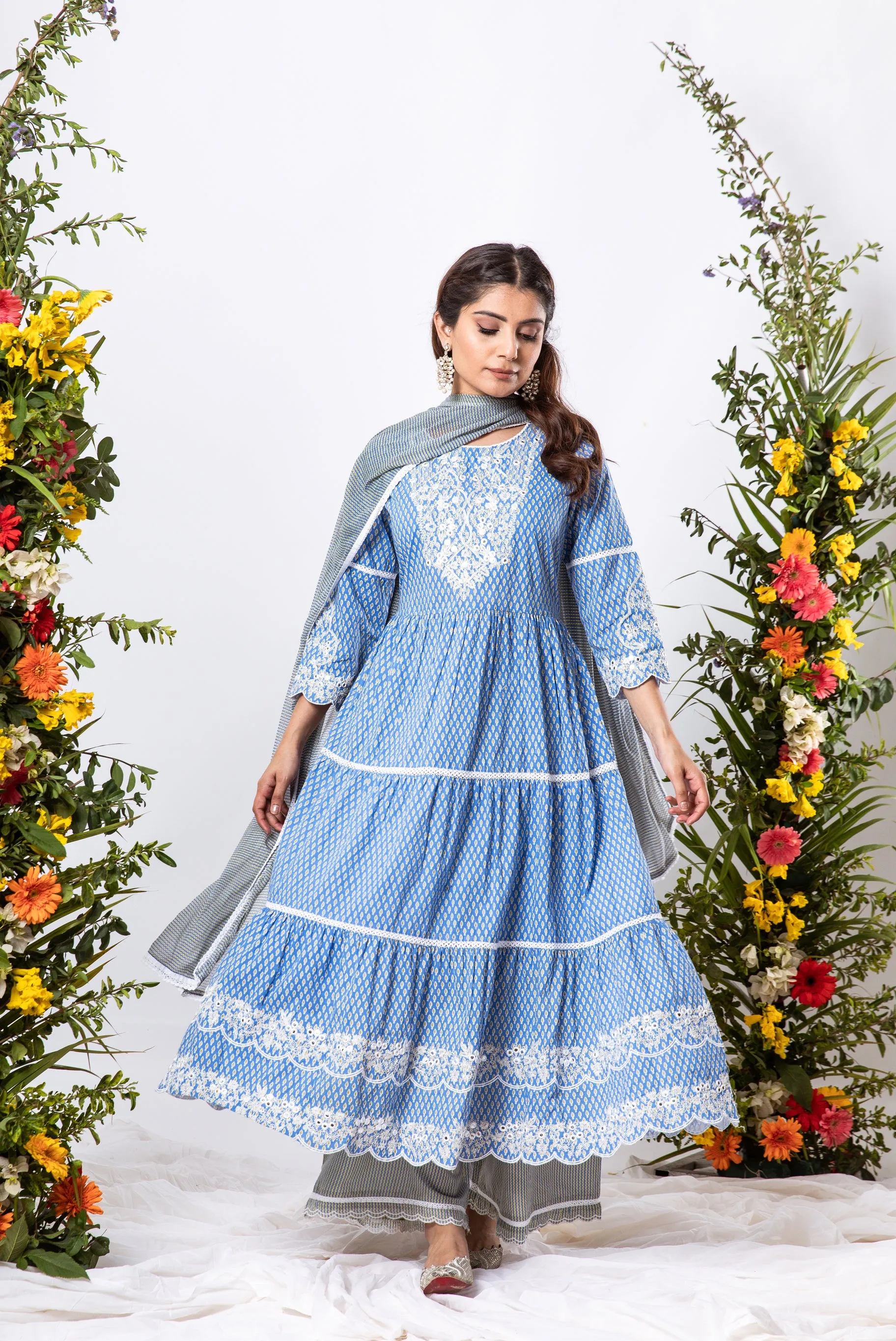 Womens Cotton Blue Tiered Kurta Palazzo and Dupatta Set