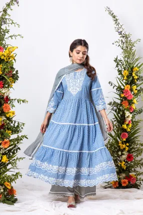 Womens Cotton Blue Tiered Kurta Palazzo and Dupatta Set